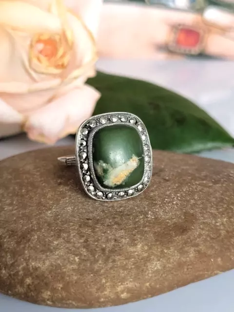 Traumhafter antiker Ring Silber 935, Jugendstil, Jade Stein, 19,1mm