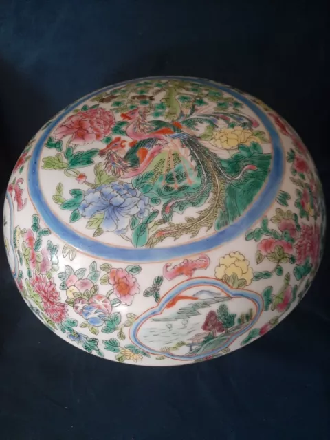 Large Chinese Marked Famille Rose Birds & Flowers Pattern Circular Lidded...