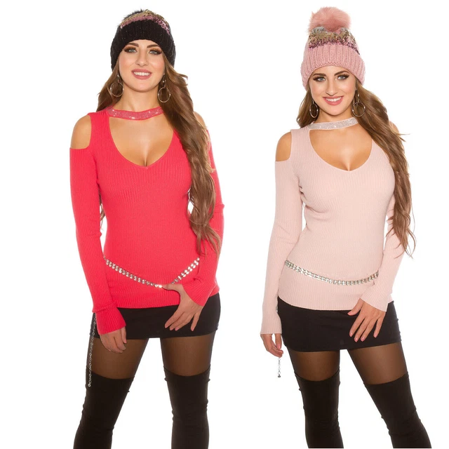 Sexy Maglia donna collare scollo aperto spalle scoperte maniche lunghe nuovo