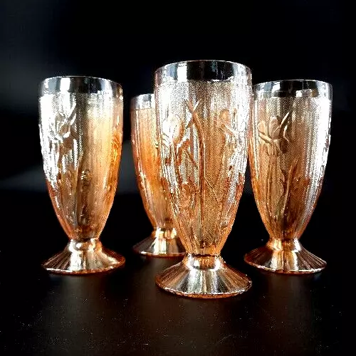 Jeanette Iris and Herringbone Marigold Carnival Glass Footed Tumblers MCM 4 Pc