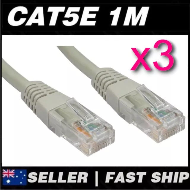 3x 1m Grey Cat5 Cat5E 100Mbps  RJ45 Ethernet Network LAN Patch Cable