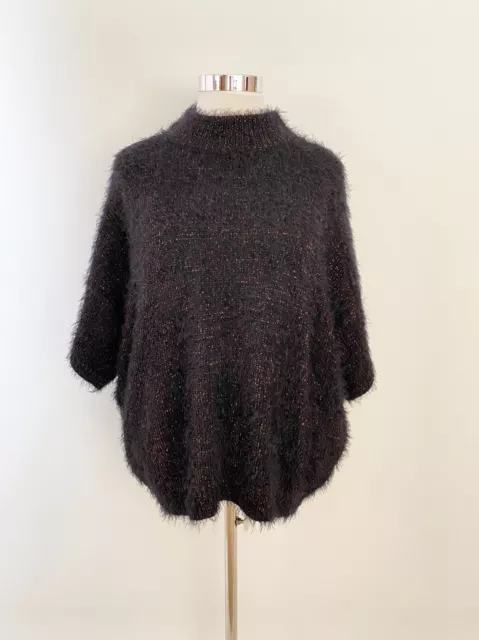 CUE black soft fluffy rose gold lurex short sleeve jumper sweater top / sz L