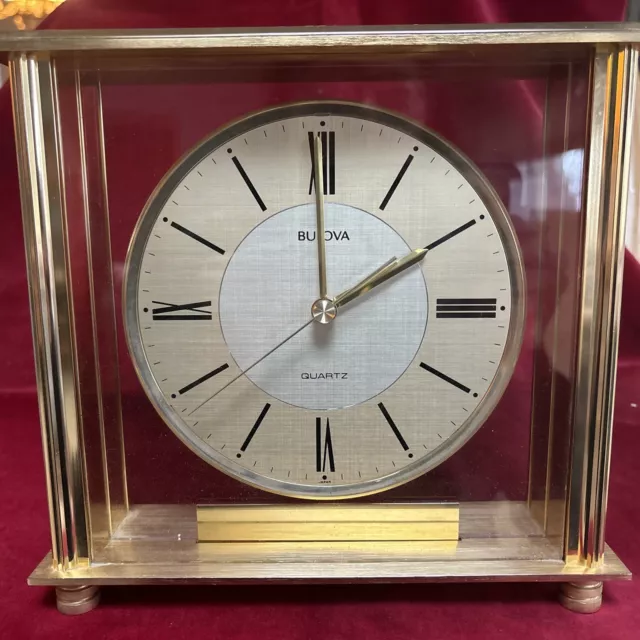 Vintage Bulova Brushed Brass Quartz Desk/Mantle Clock, Battery Operated-  Gold