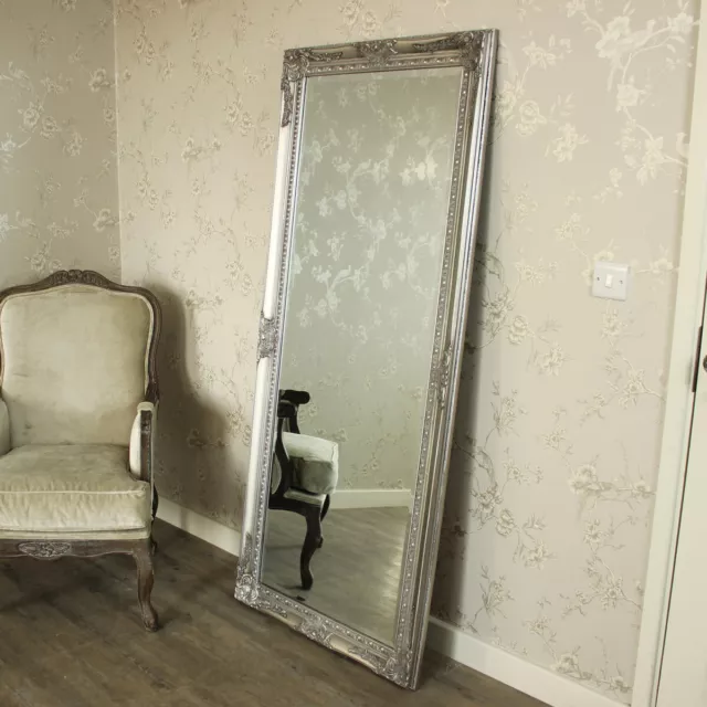 Large Ornate Silver Wall Floor Mirror vintage shabby chic bedroom dressing room