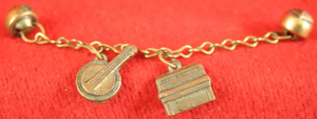 Victorian Edwardian Copper Brass Blouse Collar Stud Chain w BANJO & PIANO Charms