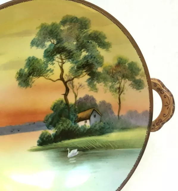 Antique Noritake Hand Painted Bowl 2 Handles Pedestal Swan House on Lake 1920s