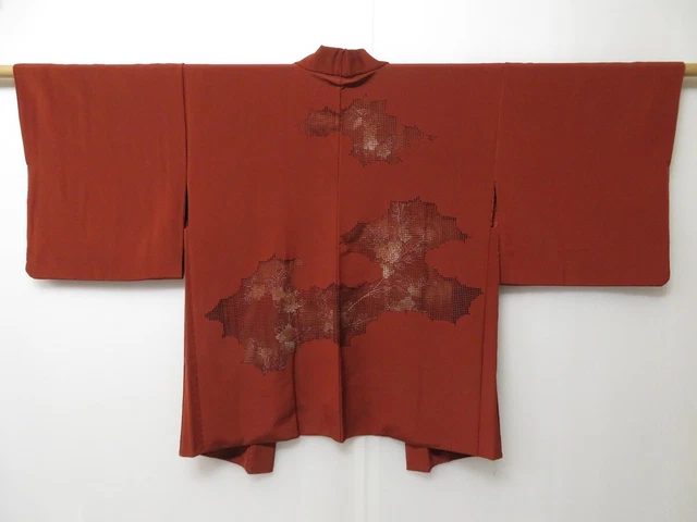 0721T09z530 Vintage Japanese Kimono Silk HAORI Brown Flower