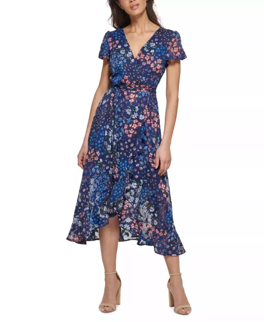 Kensie Dress Size 12 Navy Floral Midi Ruffled Hi-Low V-Neck NWT $128