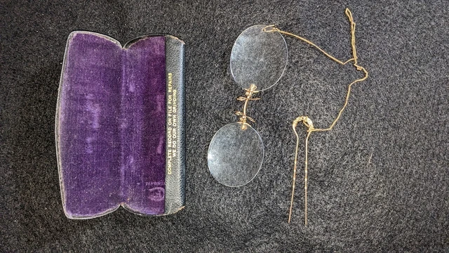 Antique Reading Glasses/Spectacles w/ Chain, Hairpin And Case