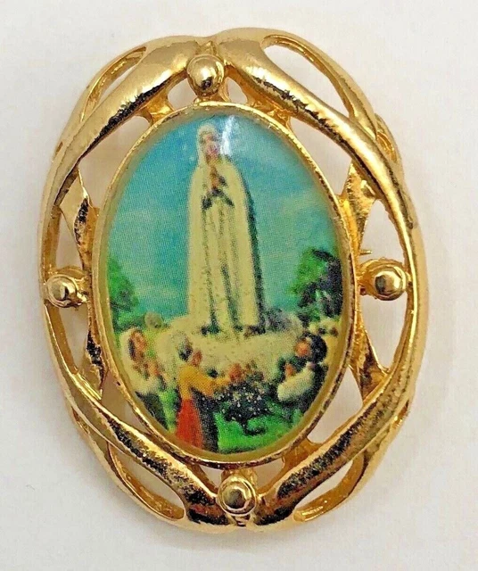 Lady of Lourdes Mary Pin Badge Gold Tone Metal Vintage Pendant Devotional Brooch