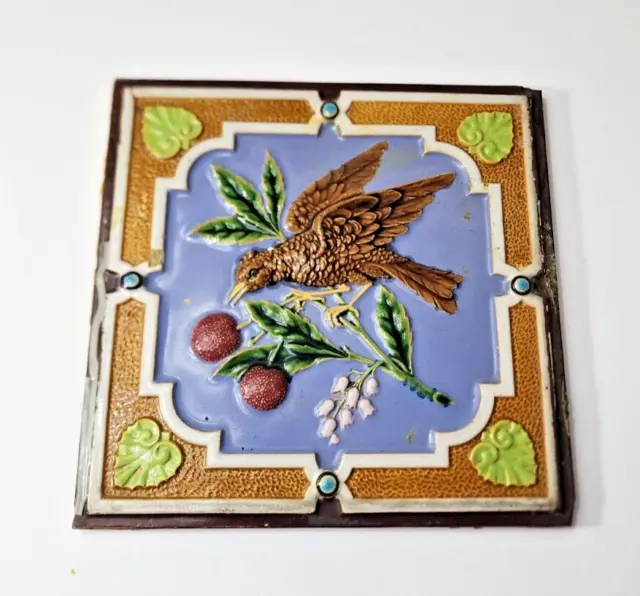 Minton Hollins Co. Majolica Victorian Tile Bird and Cherries 8 inches