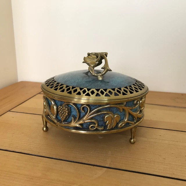 Oppenheim Brass Grapevine Footed Bowl w Lid Vtg Green Enamel Trinket Dish Israel