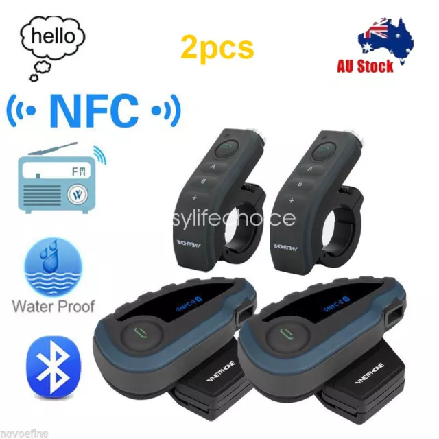 2 x Full Duplex Bluetooth Motorcycle Helmet Intercom NFC 1200M Headset FM Remote