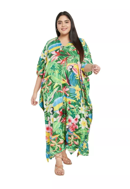 Gypsie Blu Green Plus Size Kaftan Tropical Leaf Sundress Beachwear Casual Dress