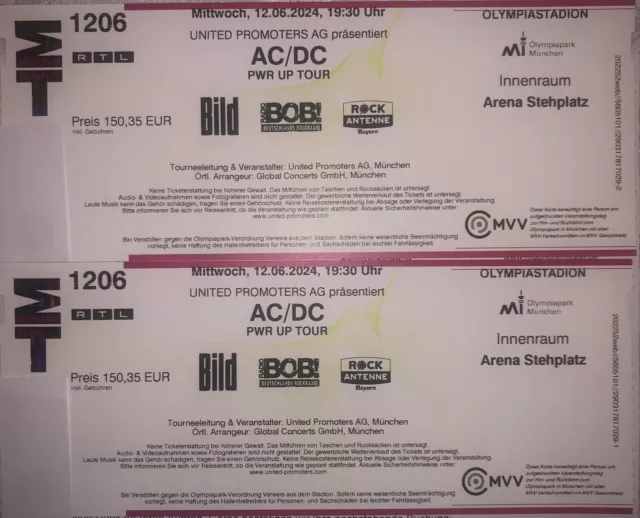 AC/DC 2 Stück Tickets  München Mittwoch 12.06.2024 Stehplatz Innenraum Arena