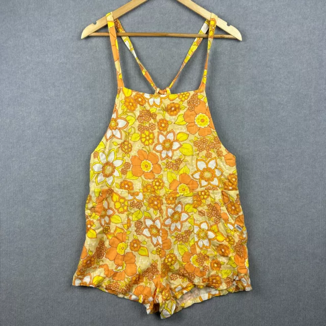 Ghanda Romper Womens Small Orange Yellow Floral Boho Viscose Linen High Rise