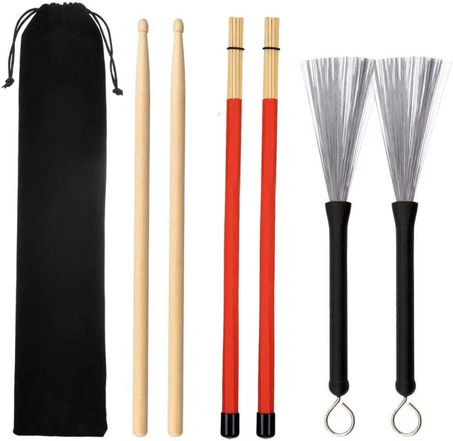 Drum Sticks Set,  1 Pair 5A Maple Wood Drum Sticks 1 Pair Drum Wire Brushes Retr