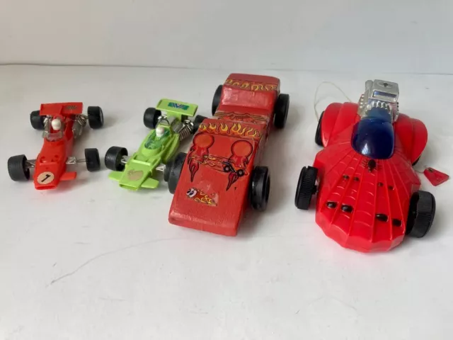 VTG Lot 4 Toy Race Cars Fun Mate Spider Man Azrak-Hamway Plastic Wooden As Is