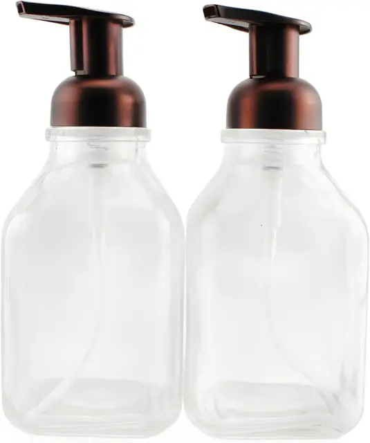 Cornucopia 16oz Square Glass Foaming Soap Dispensers(2) Clear Bottle Bronze Pump