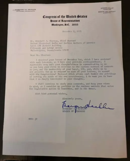 US Congress House of Representatives Letter 1971 Margaret Heckler Massachussetts