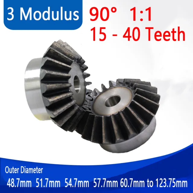 Bevel Gear 3 Modulus 15 - 40 Teeth Transmission 90°1:1 Pairing OD 48.7mm-123.7mm