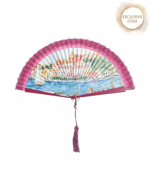 UVP 410 € DOLCE & GABBANA Ibiza Handventilator Spitze Borte Quasten bedruckt vorne