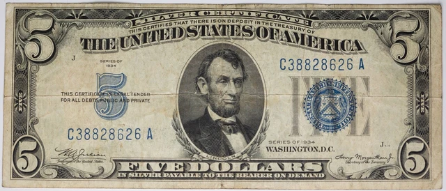 1934 Five Dollar Blue Seal Note Silver Certificate Old US Bill $5  Currency