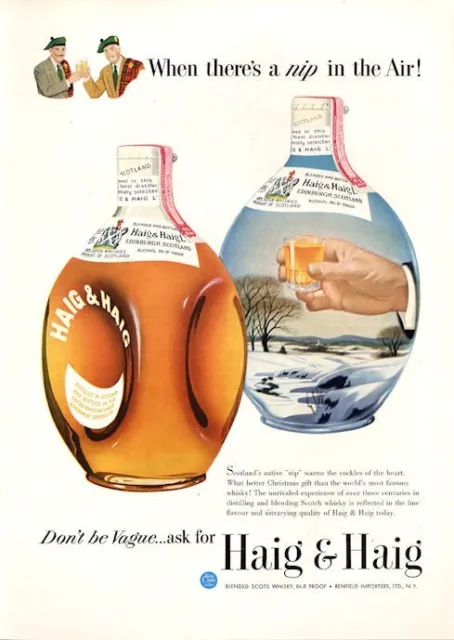 1949 Haig & Haig PRINT AD Feature: image of two bottles winter snow theme
