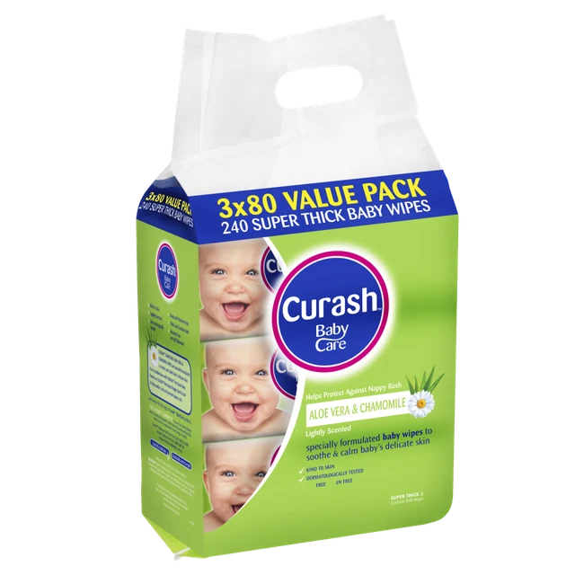Curash Baby Wipes Aloe Vera & Chamomile 3 x 80 Value Packs Soap & Paraben Free