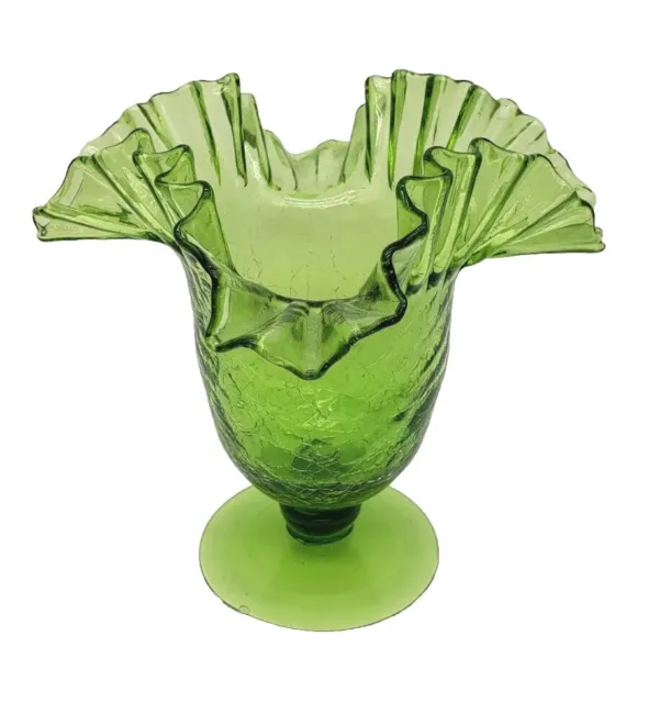 Beautiful Vintage Blenko #388 Art Glass Crimped Edge Ruffled Crackled Green Vase