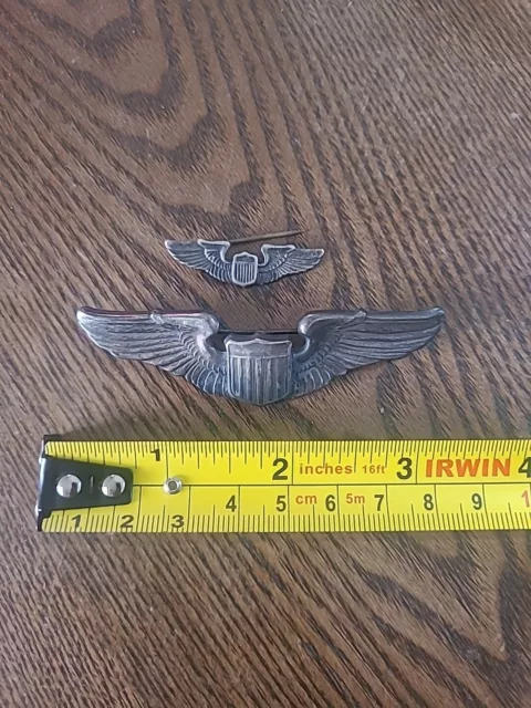 (2) Sterling Silver WW2 Pilot Wings Vintage US Army Air Force 3 & 1 Inch Pinback