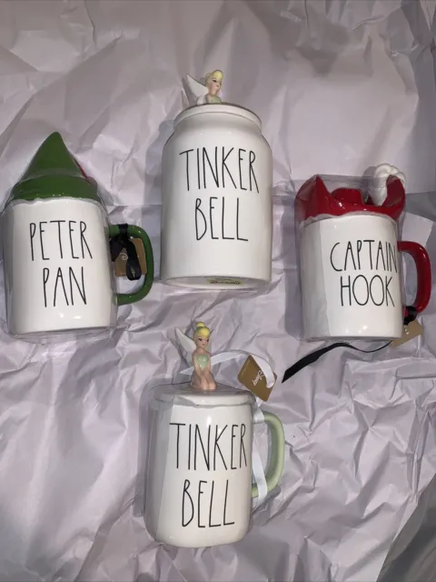 Rae Dunn 3 Mug & 1 Canister/Cookie Jar Set Peter Pan Tinker Bell Captain Hook