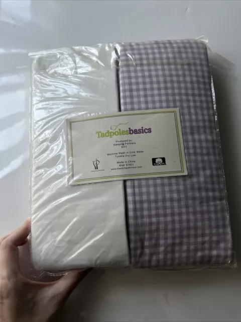 Tadpoles Basics 2-Pc Crib Fitted Sheets Cotton White & Purple Gingham 3