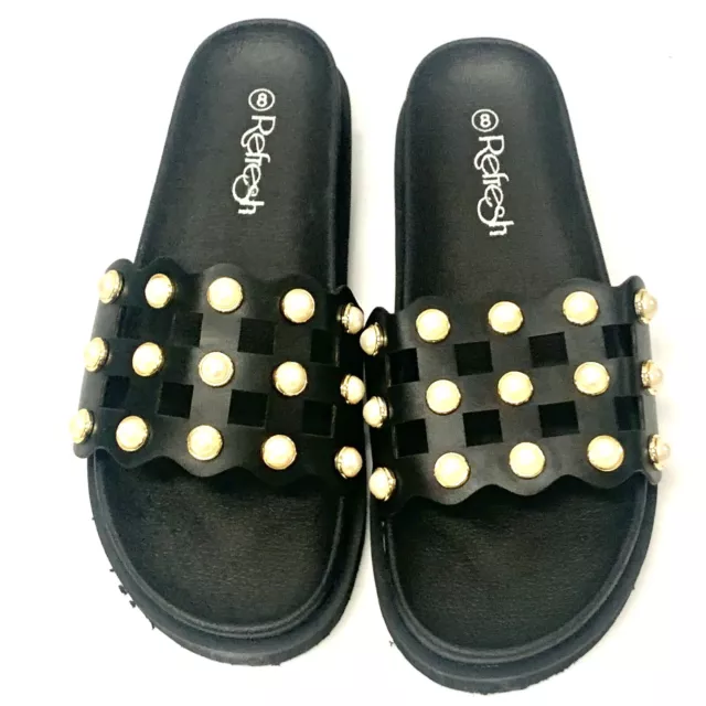 Refresh Women Sandals Slip on Size 8 Pearl Black studded cutout PU and Metallic 2