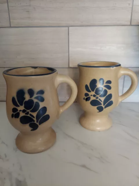 2 Pfaltzgraff Folk Art Mug Set Pedestal Coffee Cups Tan Blue Floral Print (5in)