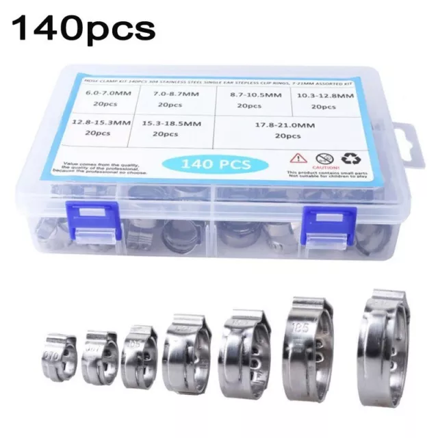 140Pcs 7-21mm 304 Stainless Steel Single Ear Stepless Hose Clamp Kit 7 Sizes