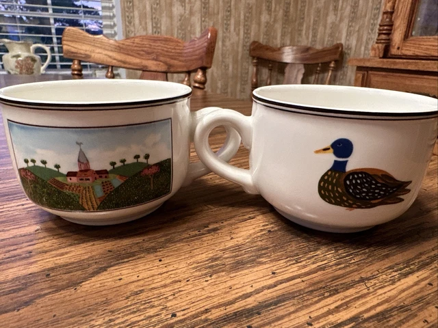 Two (2) Villeroy & Boch Design Naif Coffee Tea Cups Farm Scene & Duck LaPlau