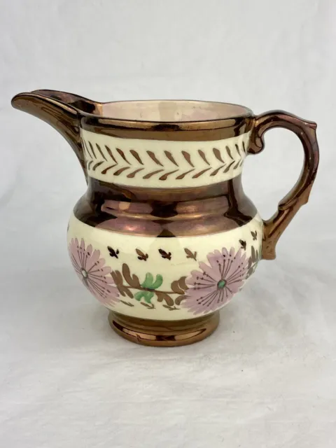 Vintage Ceramic Pottery Copper Luster Ware HAND PAINTED FLOWERS Petite Pitcher