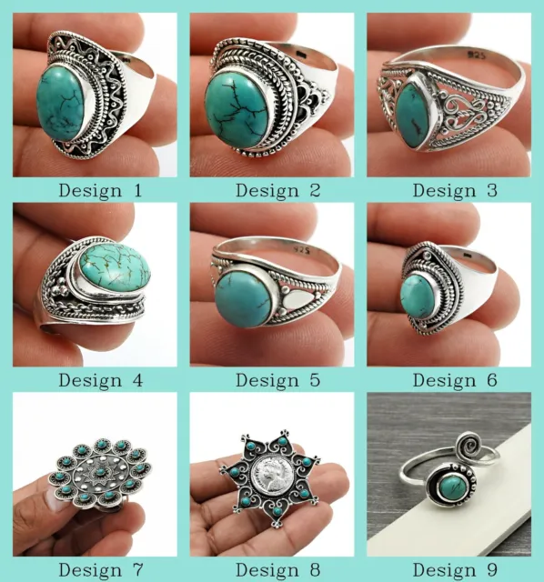 Natural Gemstone Band Turquoise Ring Size 8 925 Sterling Silver Indian Jewelry