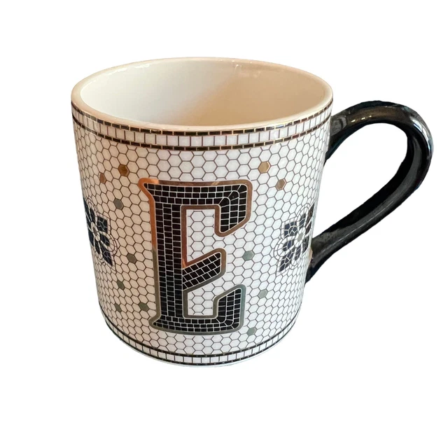 NWT Anthropologie Gold Black Margot Mosaic Tile E Initial Monogram Coffee Mug