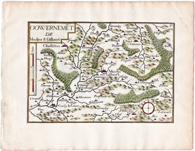 1634 Nicolas Tassin Antique Map Moulins Engilbert, Cercy la Tour, France