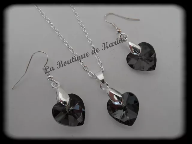 Bijoux - Parure Collier Pendentif + Boucles D'oreilles Verre Coeur Noir