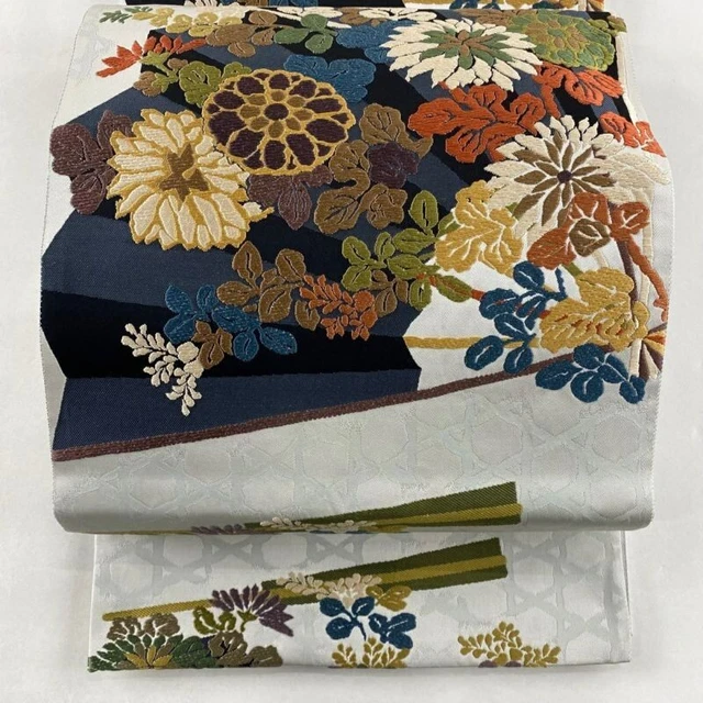 Japanese Kimono Obi Pure Silk Grass Flowers Fan Grayish White For Casual Scene