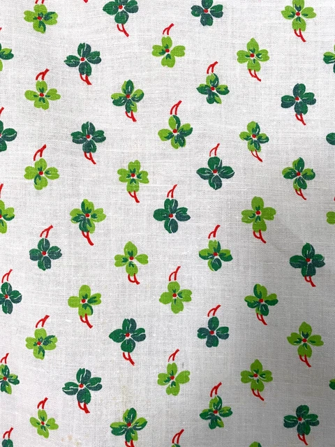Vintage Feed Sack with Tiny Light and Dark Green Shamrocks or Clover & Ribbons