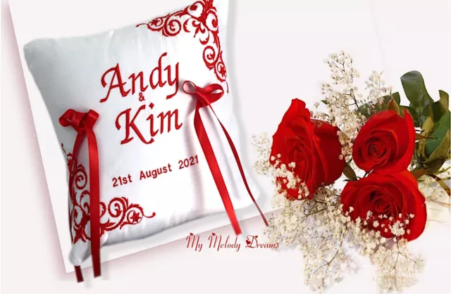 Personalised Wedding Ring Bearer Cushion Pillow Red Embroidery White Satin