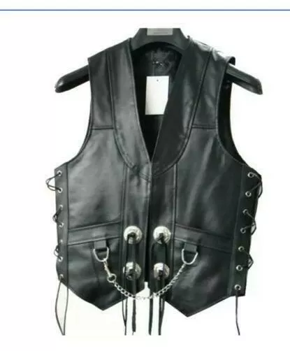 Mens Black Original Cow Leather Vest Chain Concho Motorcycle Biker Waistcoat New