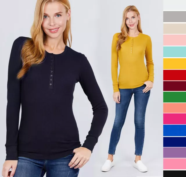 Women's Cozy Thermal Henley Shirt Top Stretch Cotton Long Sleeve Pullover Basic