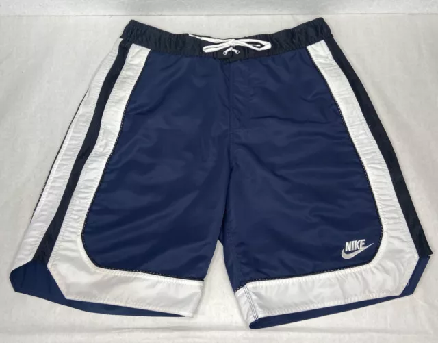 Nike Swim Trunks Mens Large Navy Blue White Trim Shorts Vintage Pockets