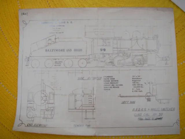 Baltimore & Ohio Railroad Scale Drawing of Locomotive 4 Wheel Switcher