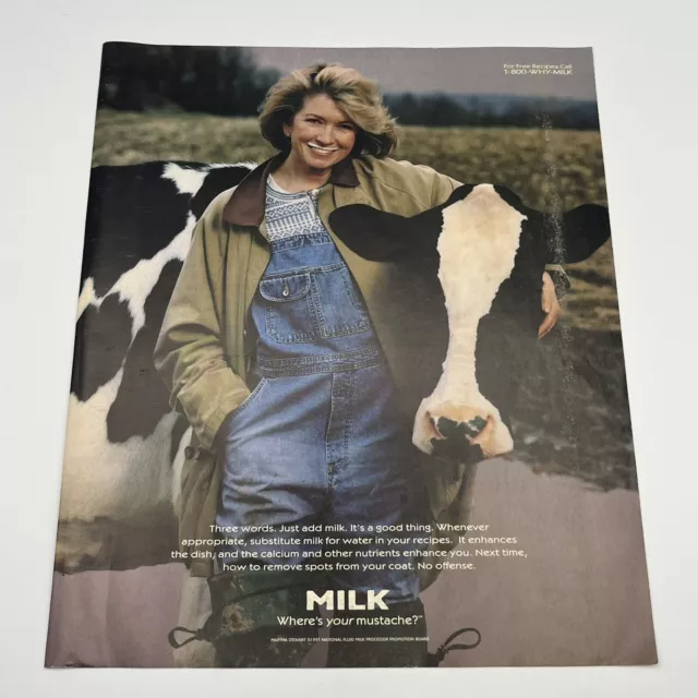 1997 Martha Stewart milk mustache Vintage Print Ad 8x11" Martha hugging a cow